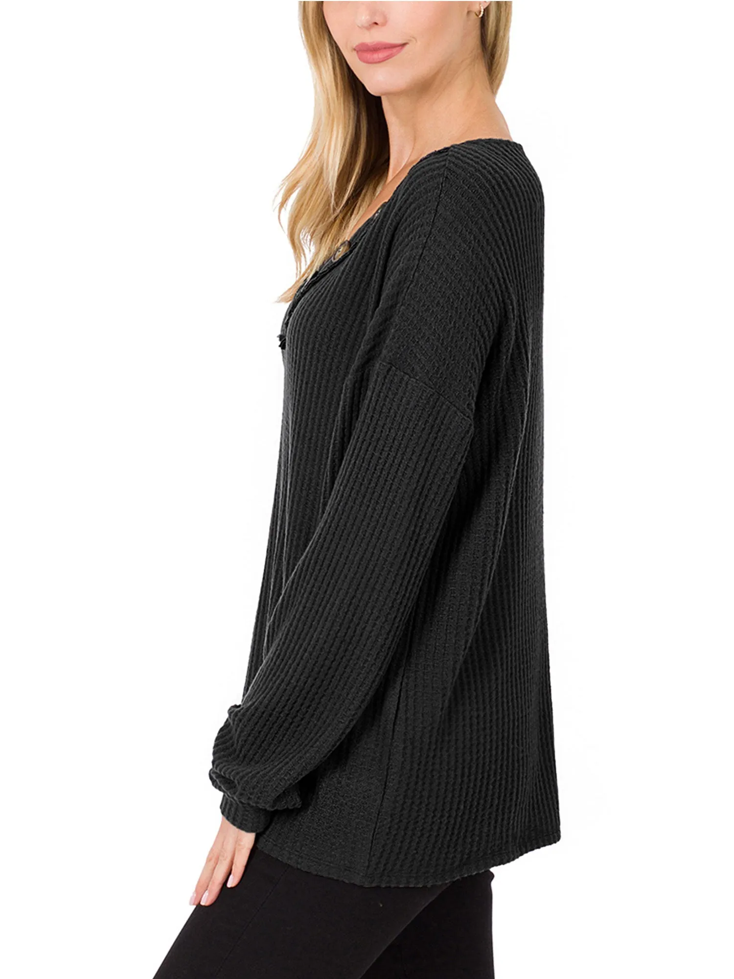 Womens Waffle Thermal V Neck Sweater with Buttons Detail (S-XL)