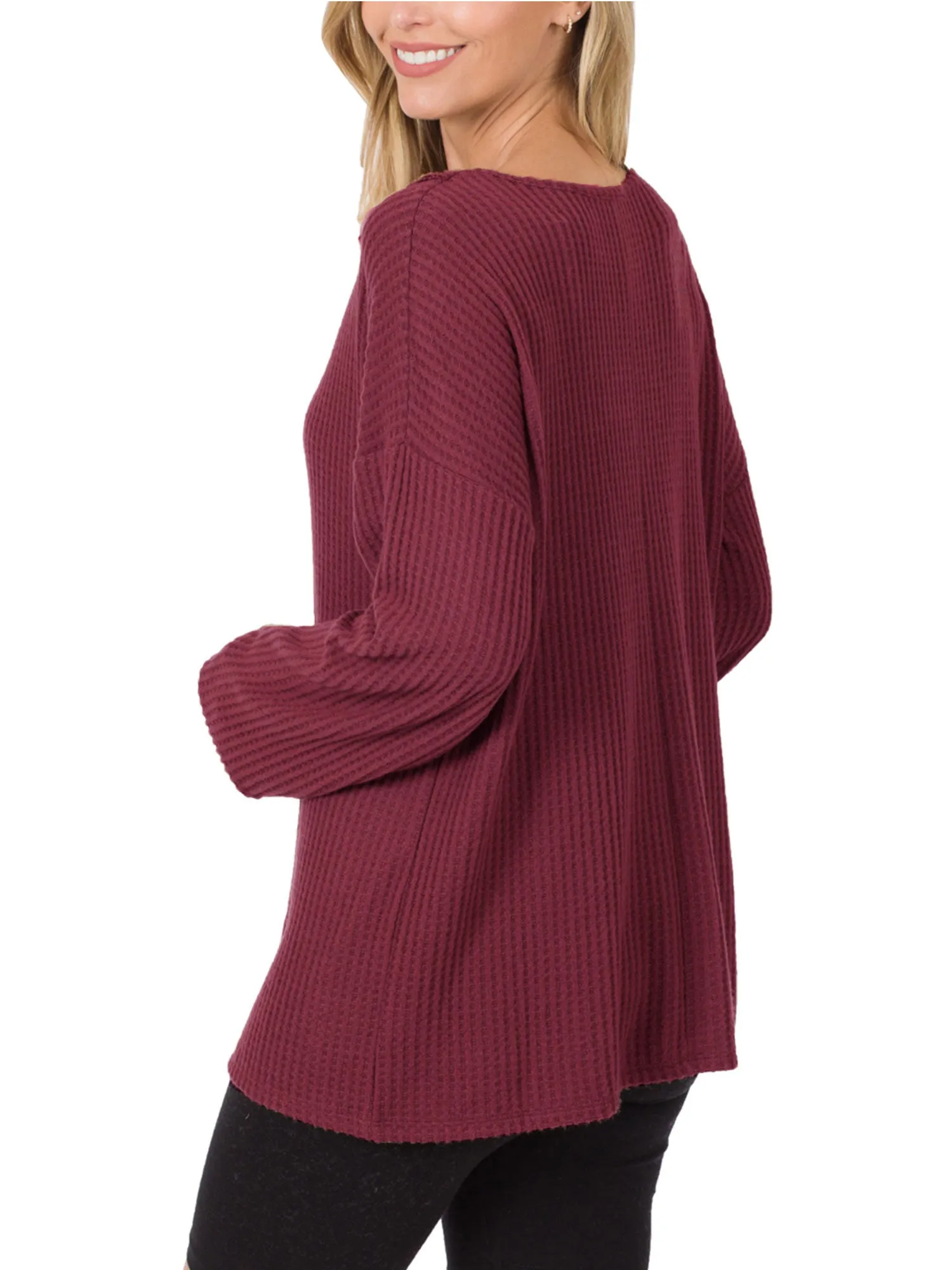 Womens Waffle Thermal V Neck Sweater with Buttons Detail (S-XL)