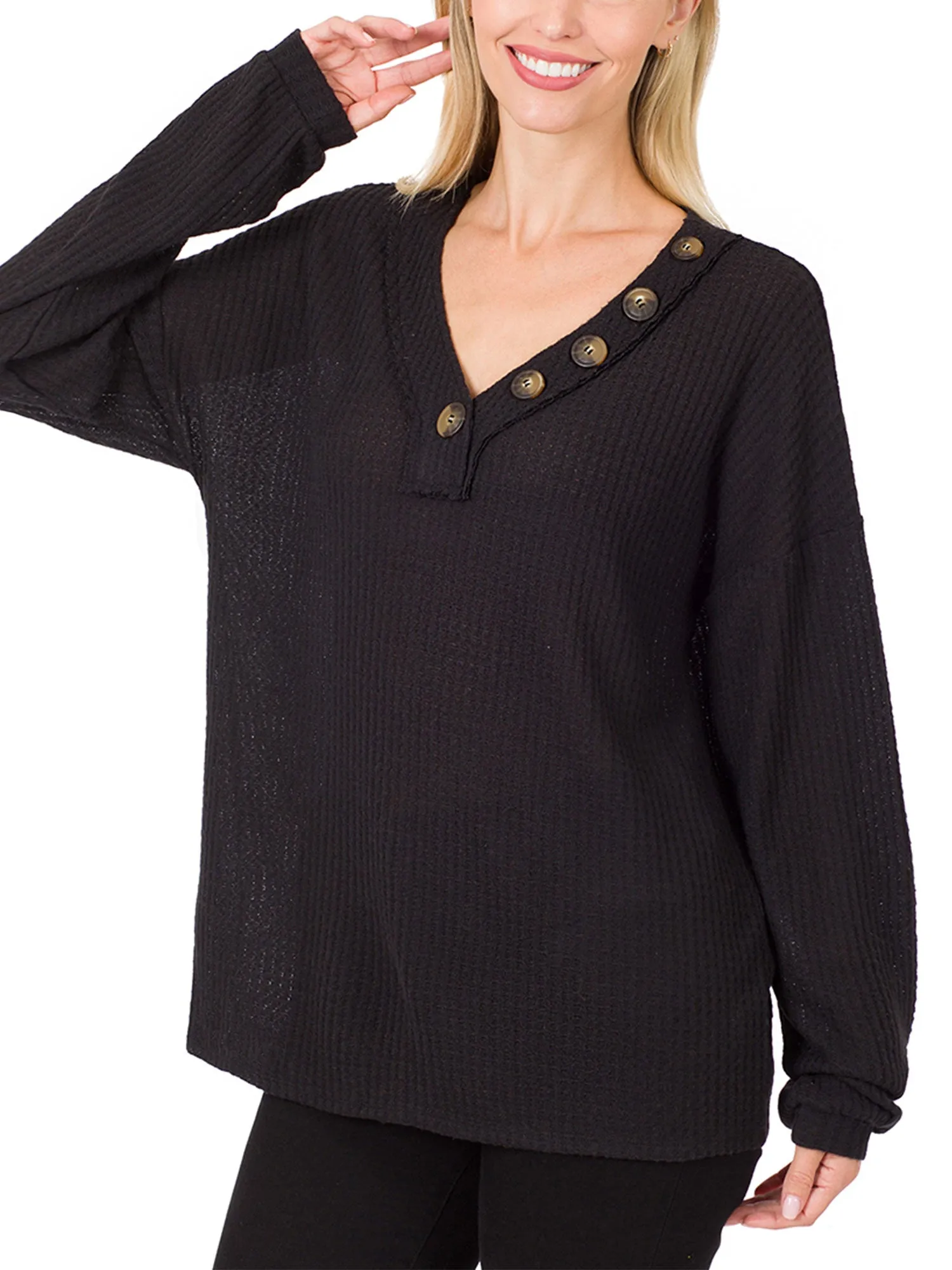 Womens Waffle Thermal V Neck Sweater with Buttons Detail (S-XL)