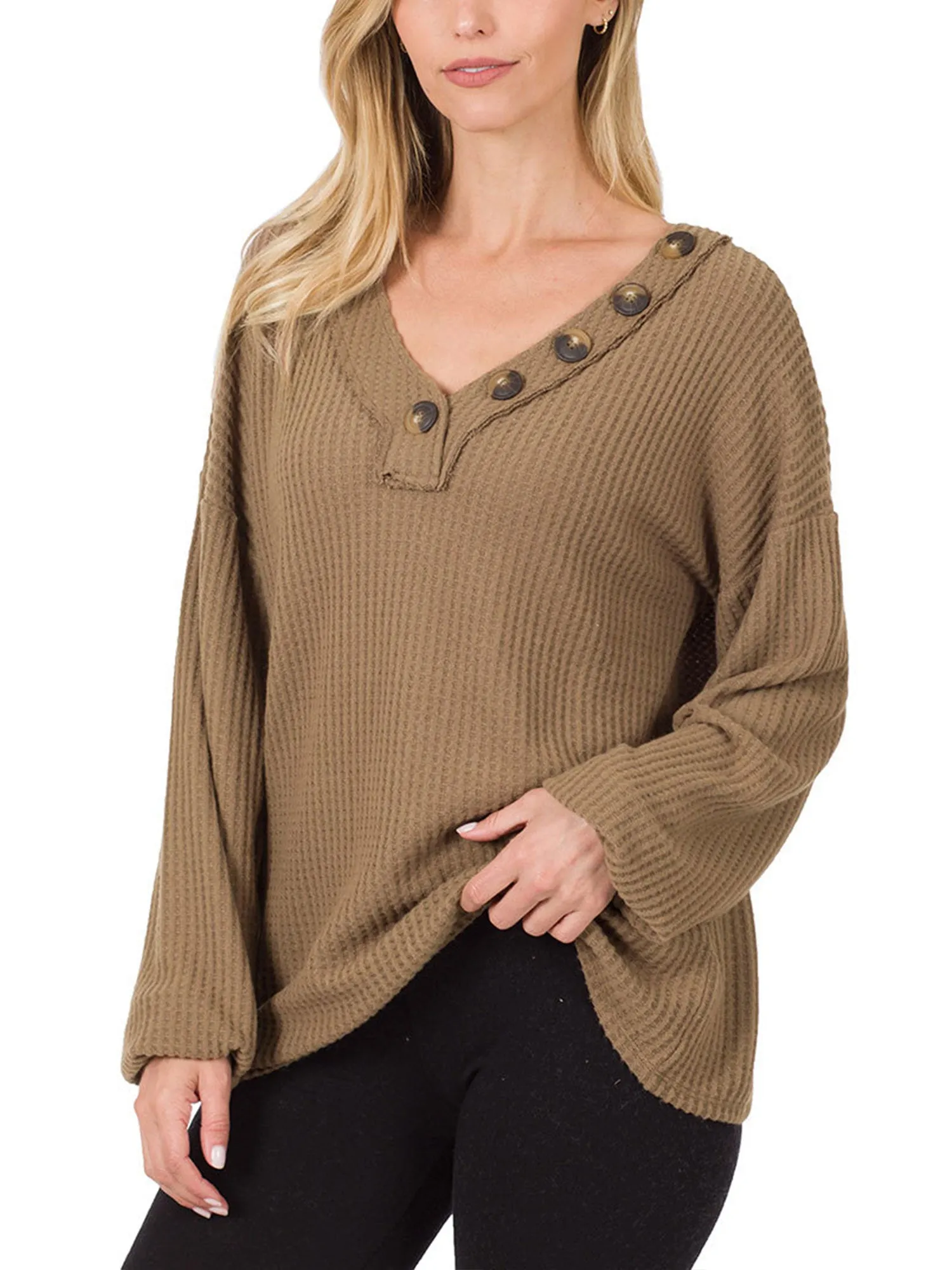 Womens Waffle Thermal V Neck Sweater with Buttons Detail (S-XL)