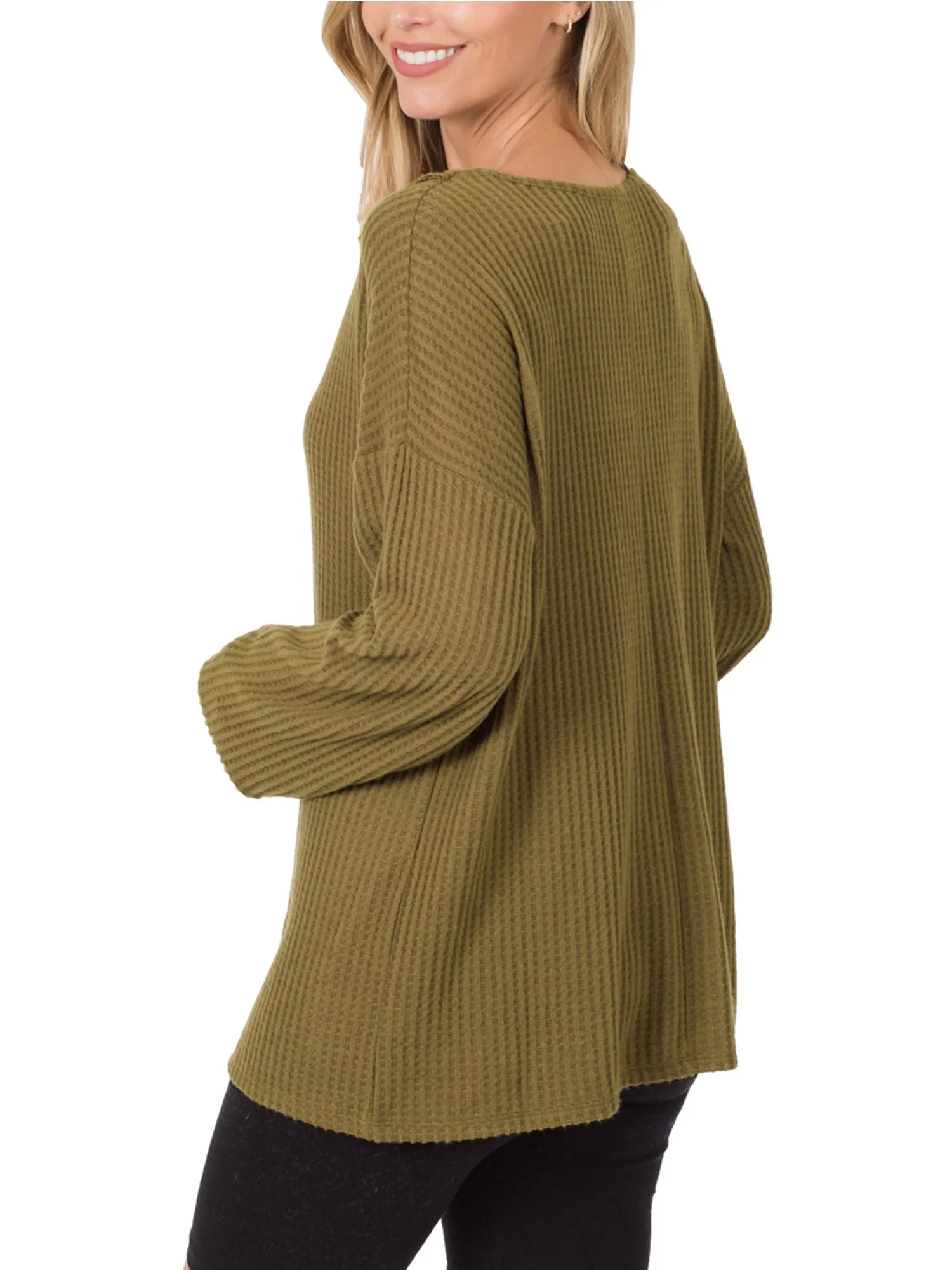 Womens Waffle Thermal V Neck Sweater with Buttons Detail (S-XL)