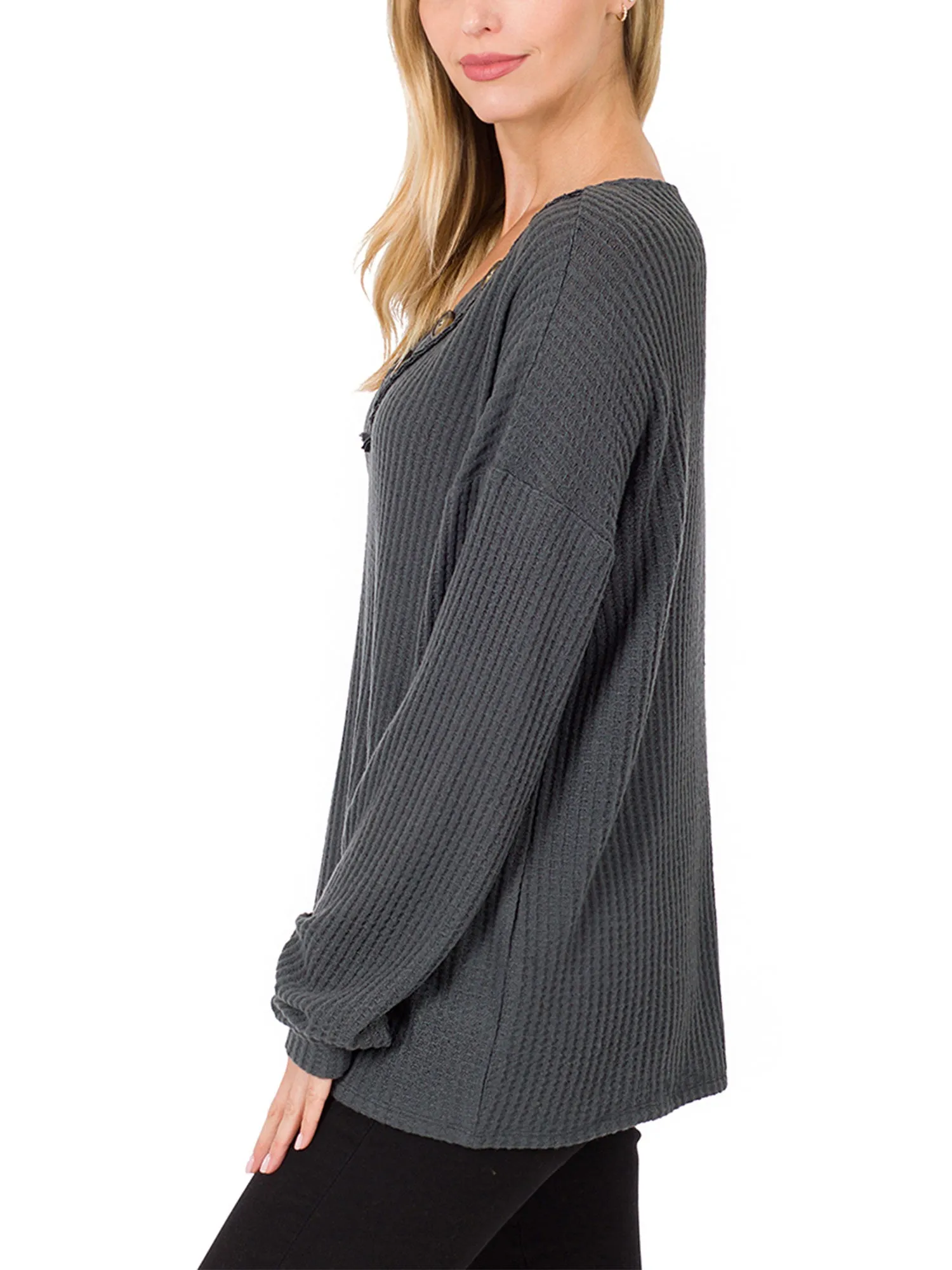 Womens Waffle Thermal V Neck Sweater with Buttons Detail (S-XL)