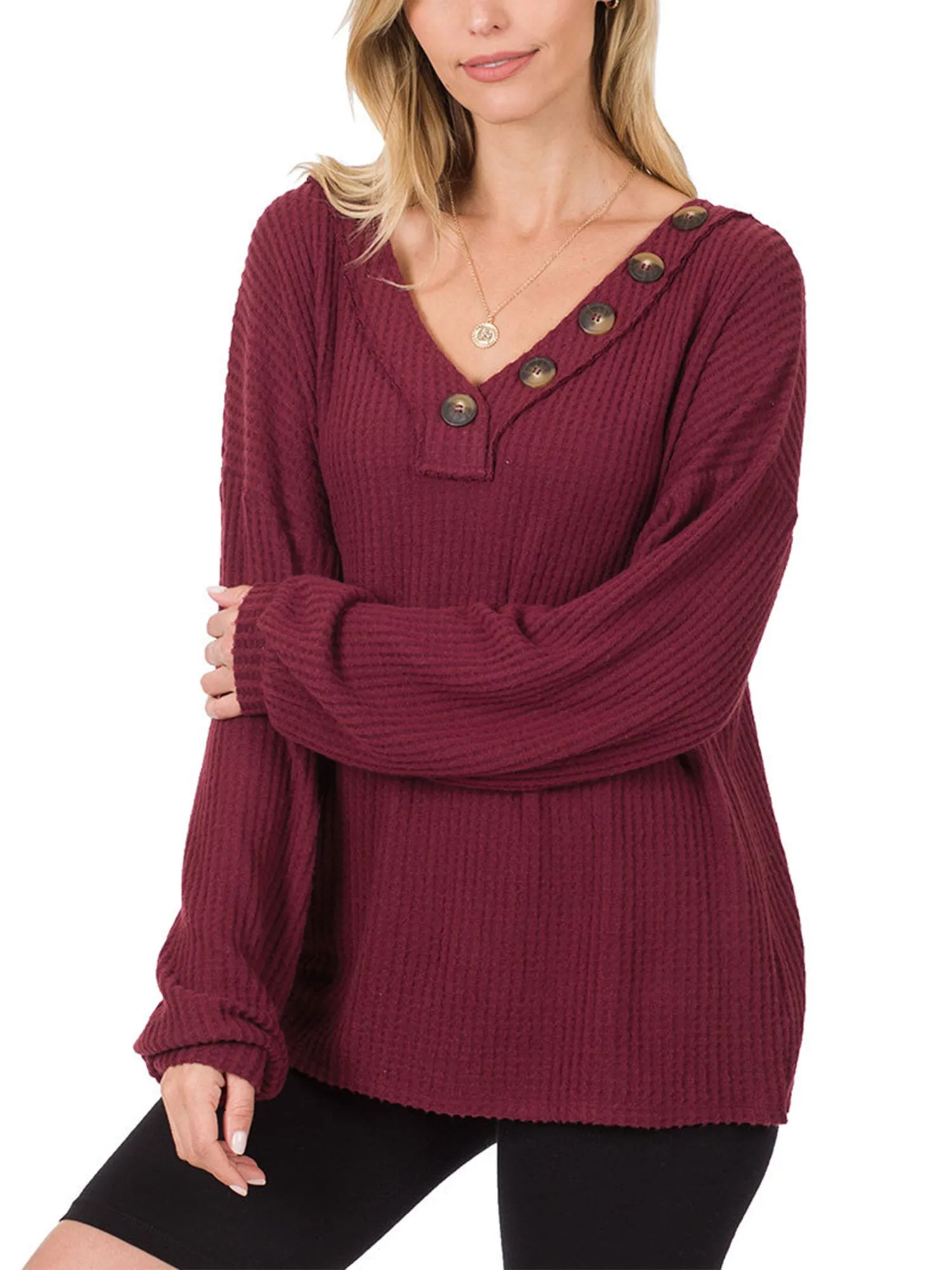 Womens Waffle Thermal V Neck Sweater with Buttons Detail (S-XL)