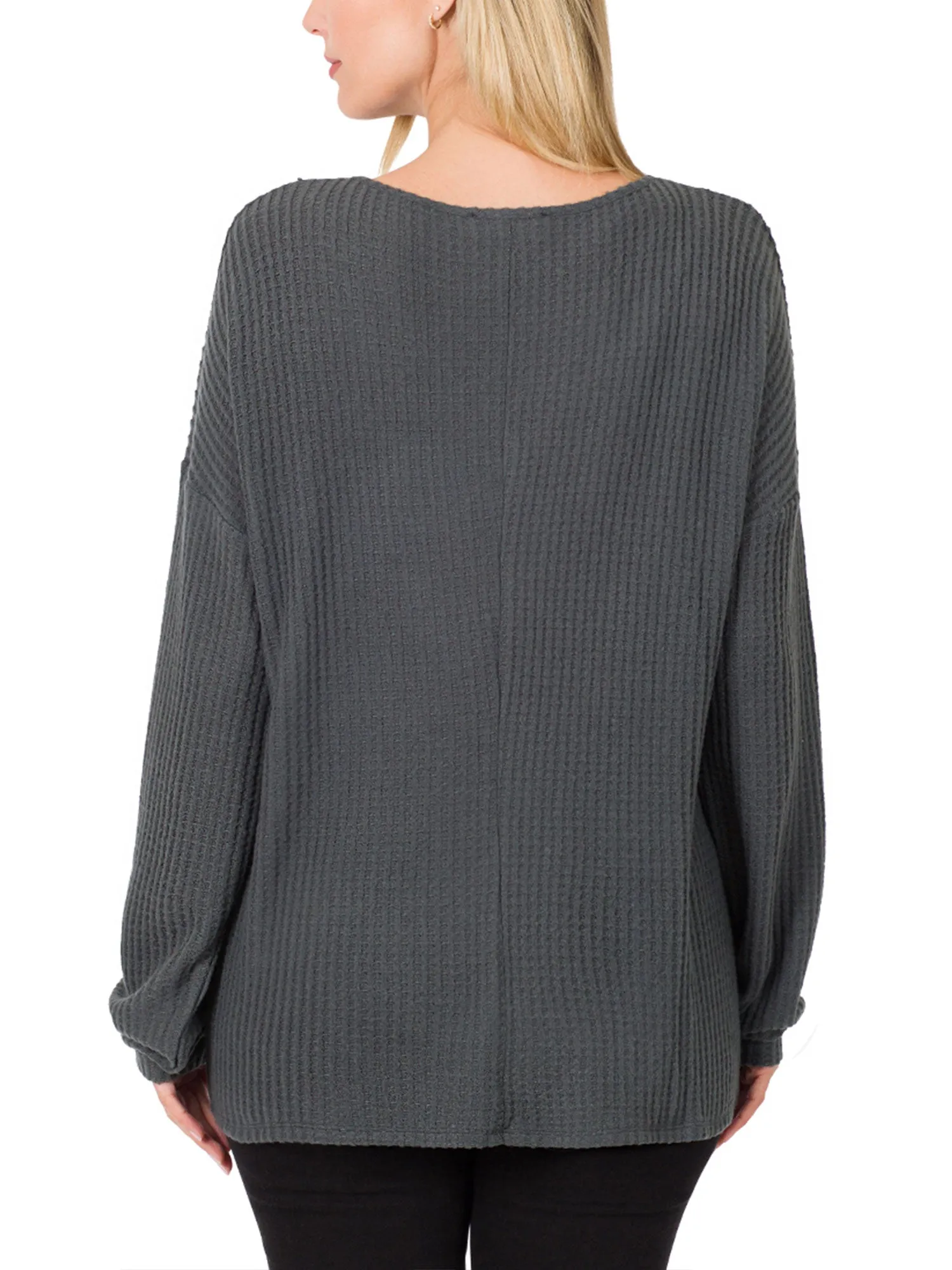 Womens Waffle Thermal V Neck Sweater with Buttons Detail (S-XL)