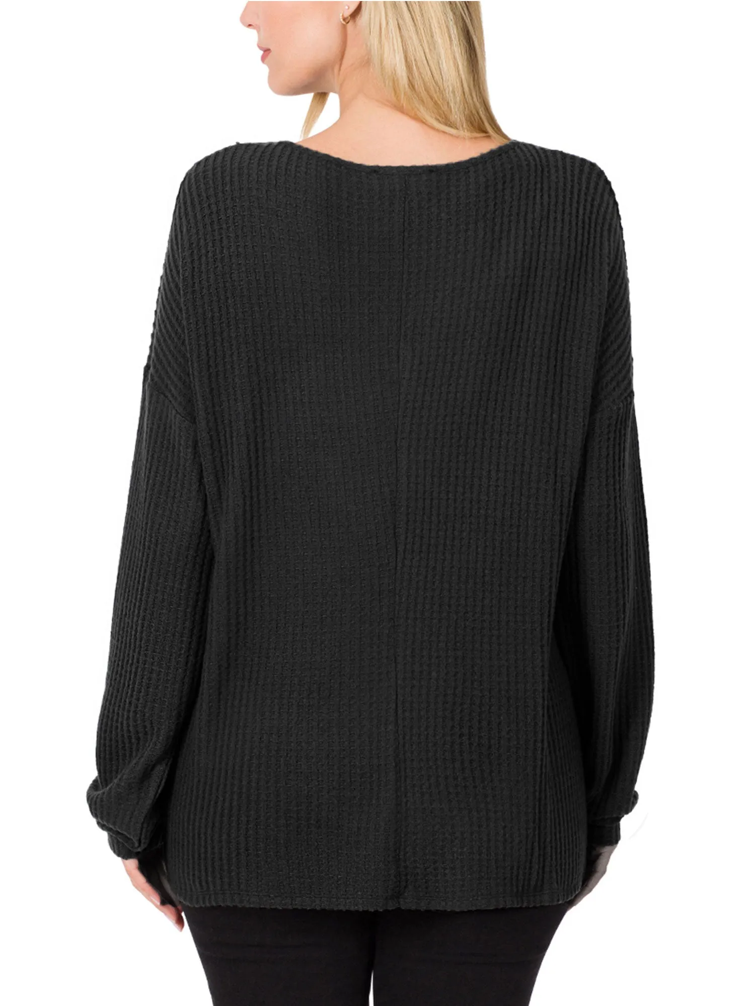 Womens Waffle Thermal V Neck Sweater with Buttons Detail (S-XL)