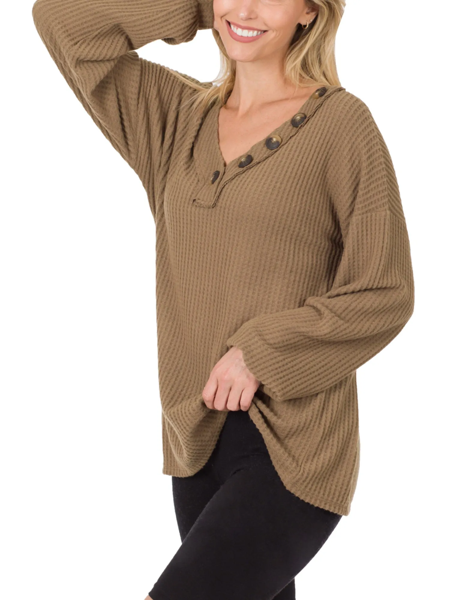 Womens Waffle Thermal V Neck Sweater with Buttons Detail (S-XL)