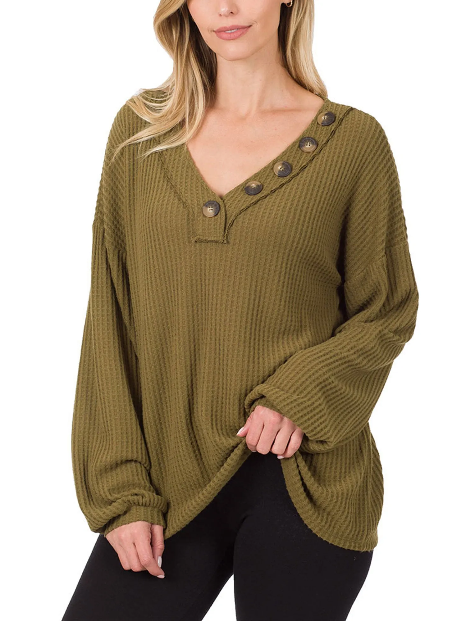 Womens Waffle Thermal V Neck Sweater with Buttons Detail (S-XL)