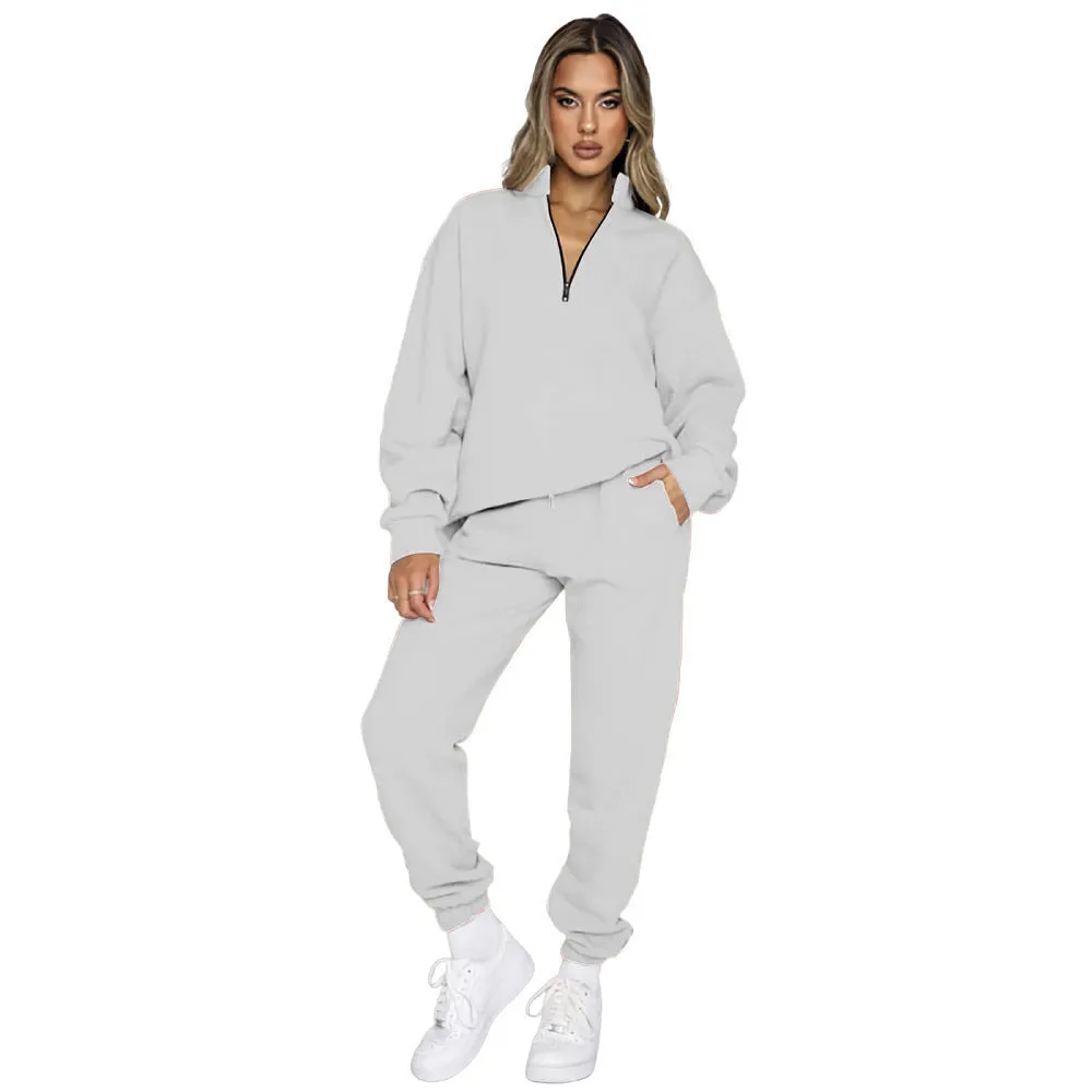 Zipper Pullover Sweater Trousers Two-piece Set